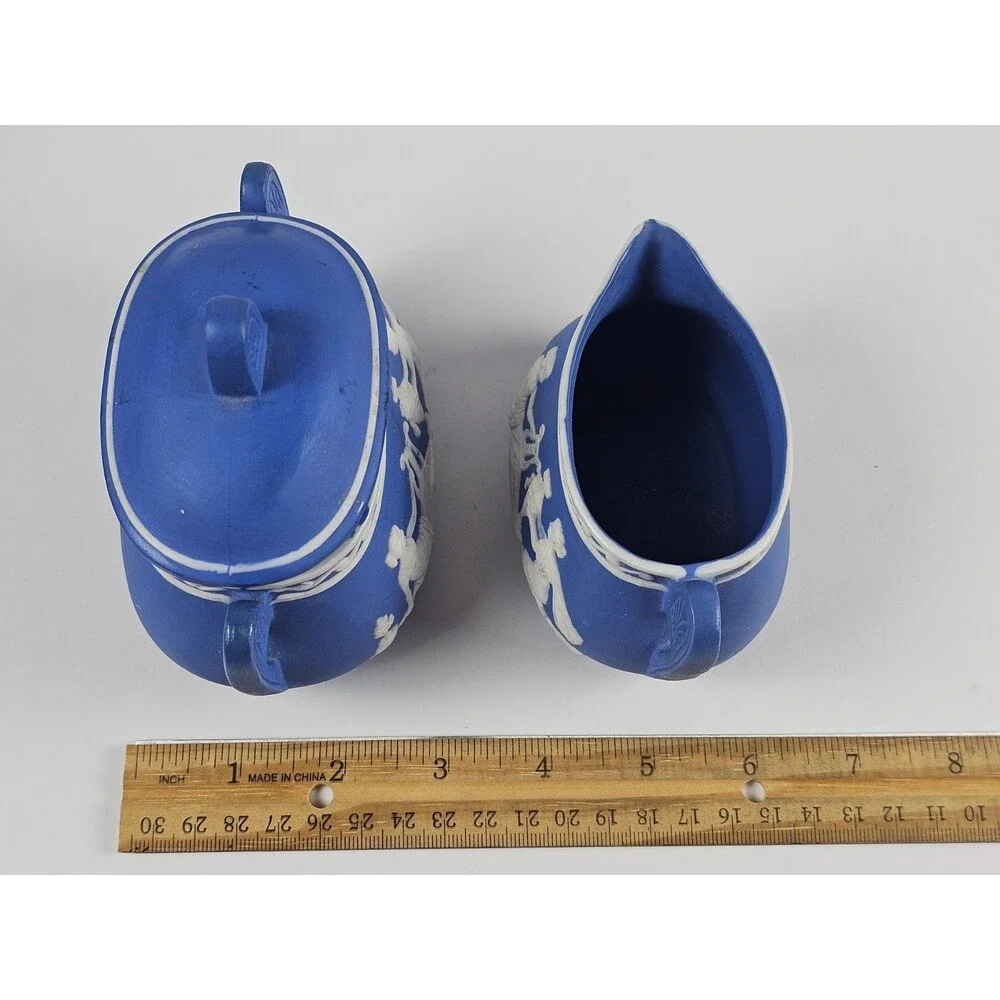 Jasperware Cream on Blue Oval Sugar Bowl w/ Lid & Oval Creamer w/ Handle Japan